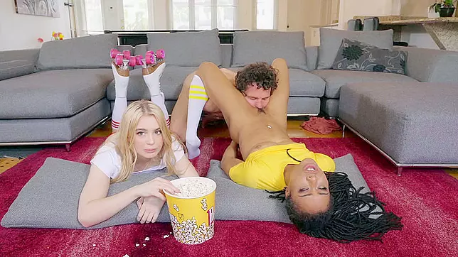 Dude licks Ebony's XXX pussy while her blonde GF lies beside them