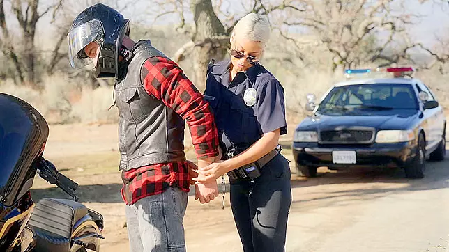 Lustful blonde police officer arrests a guy and touches his XXX bulge
