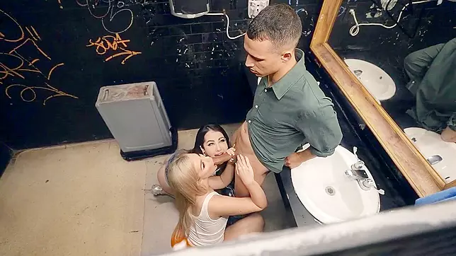 Busty Blonde Waitress Banged by Horny Couple in Erotic Restaurant Toilet Threesome