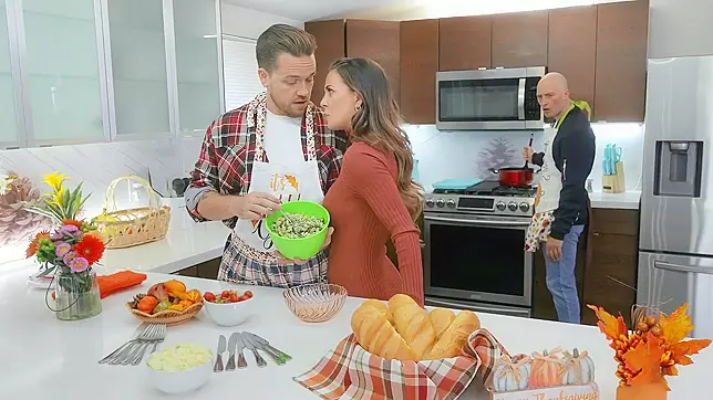 Thanksgiving Threesome Madness! Naughty MILF Fucks her Two Helpers in Every Hole!