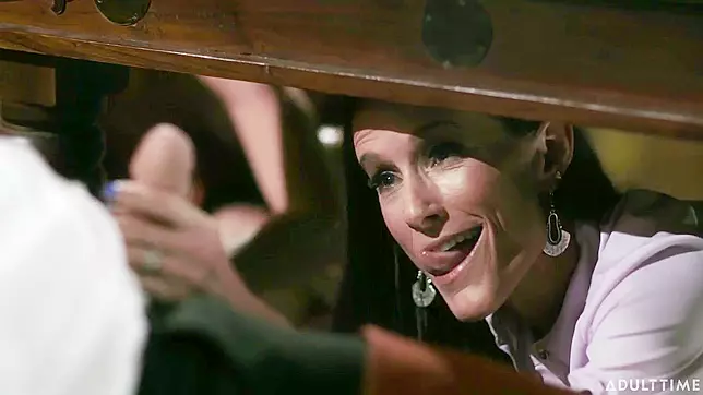 MILF mom and her bestie team up to suck stepson's big cock on dining table
