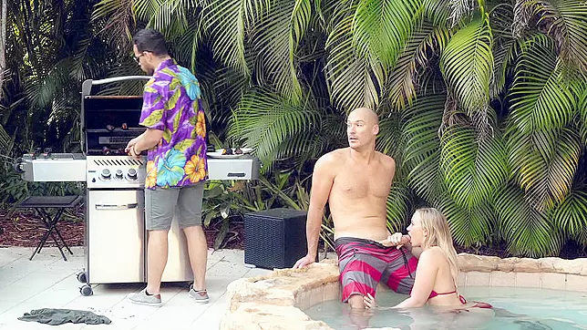 Naughty cutie bravely sucks hunk's XXX dick in pool behind her man
