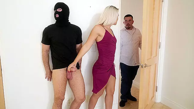 Angry blonde gives robber XXX blowjob and almost gets caught by husband