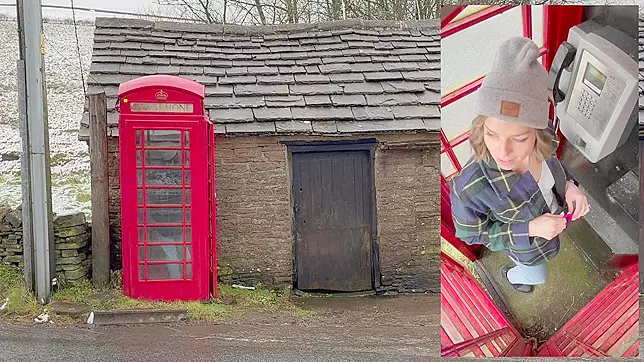 Cumming hard in public red telephone box with Lush remote controlled vibrator in English countryside