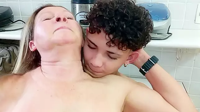 Mom Blows StepSon's Load All Over Her Pussy While Fucking Him in the Kitchen