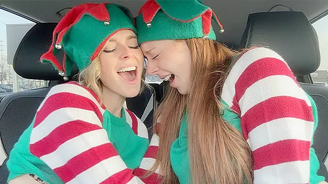 Slut Wife & Her Kinky Bestie as Horny Elves cumming in drive thru with remote controlled vibrators