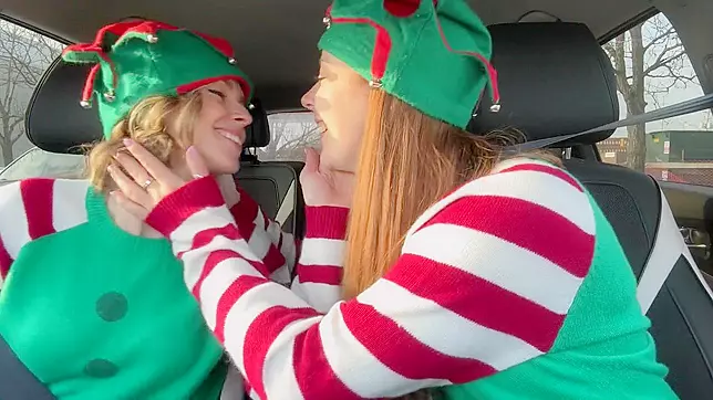 Slut Wife & Her Kinky Bestie as Horny Elves cumming in drive thru with remote controlled vibrators