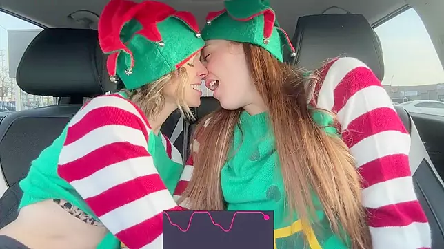 Slut Wife & Her Kinky Bestie as Horny Elves cumming in drive thru with remote controlled vibrators