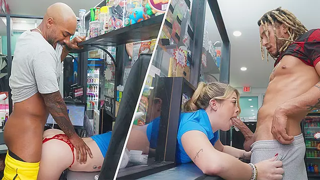 Greedy Bitch at Work - Ashley Fucks Two Guys in the Bodega, Double Penetration!
