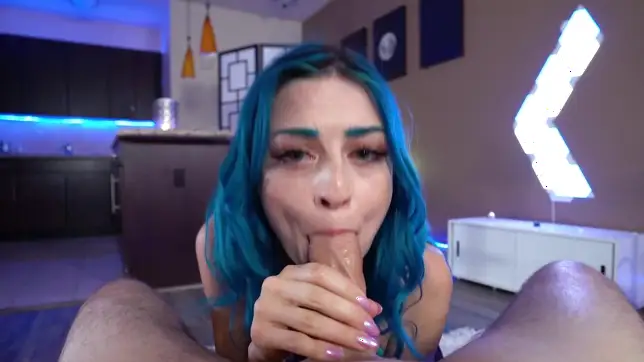 Blue haired bimbo demonstrates her excellent deepthroating skills