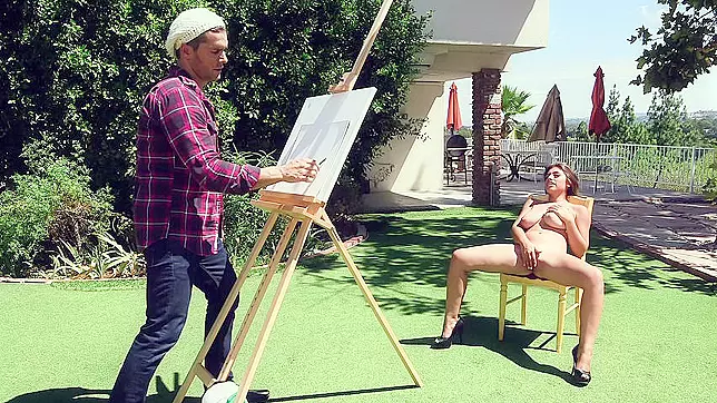 Lustful model strips nude and teases an artist outdoors in XXX video