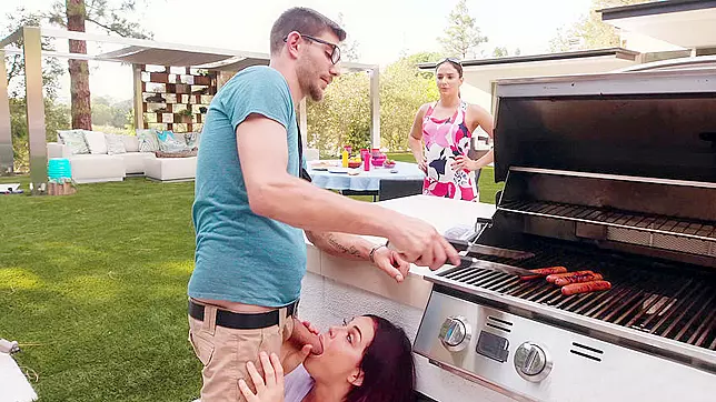 Stepdad was busy with the barbeque when the XXX teen was giving head
