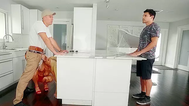 Blonde XXX bombshell gives a blowjob while the husband doesn't notice