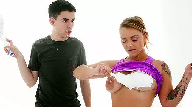Young guy helps a sexy porn MILF paint the room before getting horny
