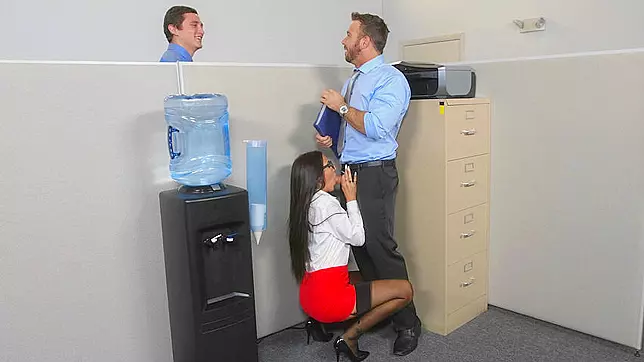 Horny secretary gives hot clerk sneaky XXX blowjob right near cooler