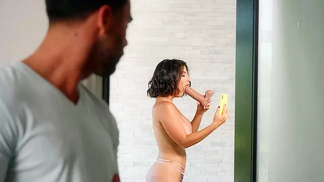 Guy spies on roommate with big free XXX tits who sucks huge sex toy