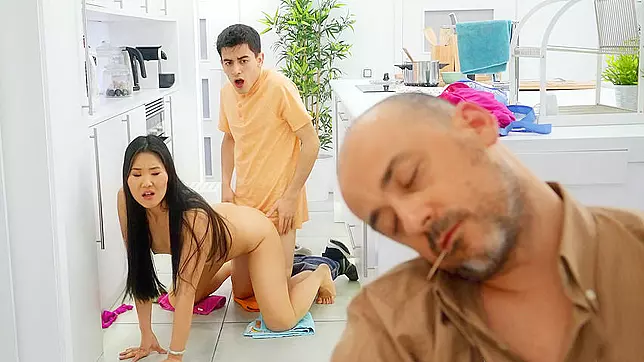 Boy has sneaky free XXX sex with Asian stepsister behind dad's back