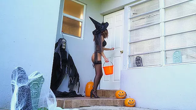 It was ordinary Halloween till cock got out of hole for free blowjob