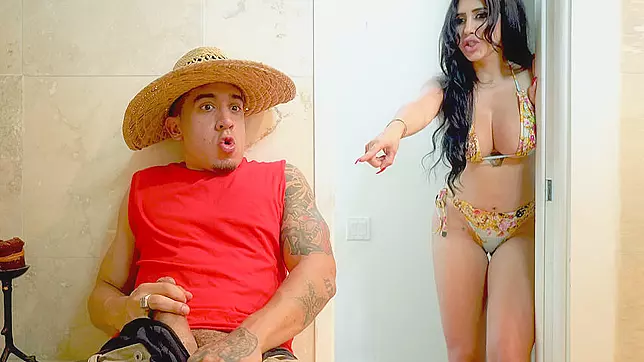 XXX brunette Latina caught a dude jerking off and decided to help
