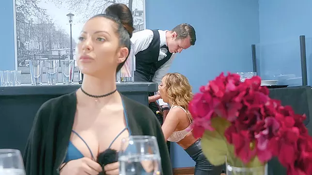 Richelle Ryan is sucking waiter Justin Hunt's big boner