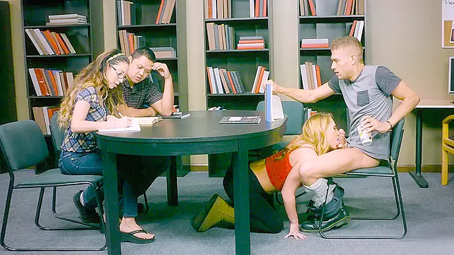 Carter Cruise drops to her knees to suck him off right in the library