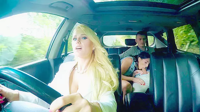 Jimena Lago gives him a sneaky blowjob as his stepmom Angel Wicky driving them
