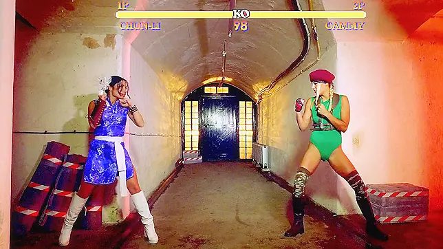 Christen Courtney as Cammy and Rina Ellis as Chun Li are making out