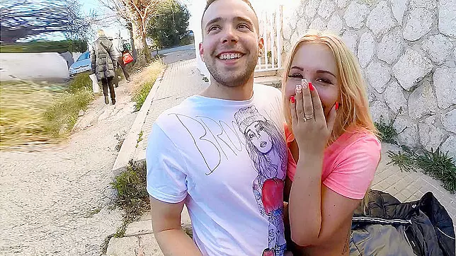 Girl pulls pink T-shirt up to make man see hooters during XXX scoring