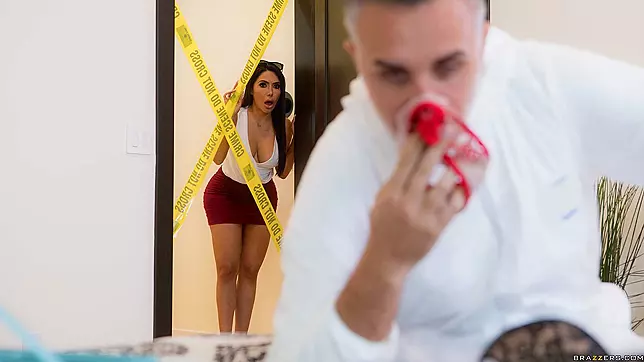 Dildo-wielding Lela Star catches crime-scene-taped Keiran Lee sniffing her panties in 'Priceless Jewelry Heist Gone Wrong'.