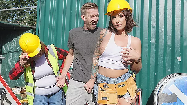 Busty construction worker Ivy Lebelle and her friend love their job because a big part of it is catcalling every stud that walks by which makes the workday fly by