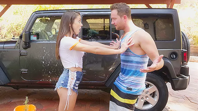 Step Sister Cleaning Car, Step Bro Grabs Her Big Tits Hard!